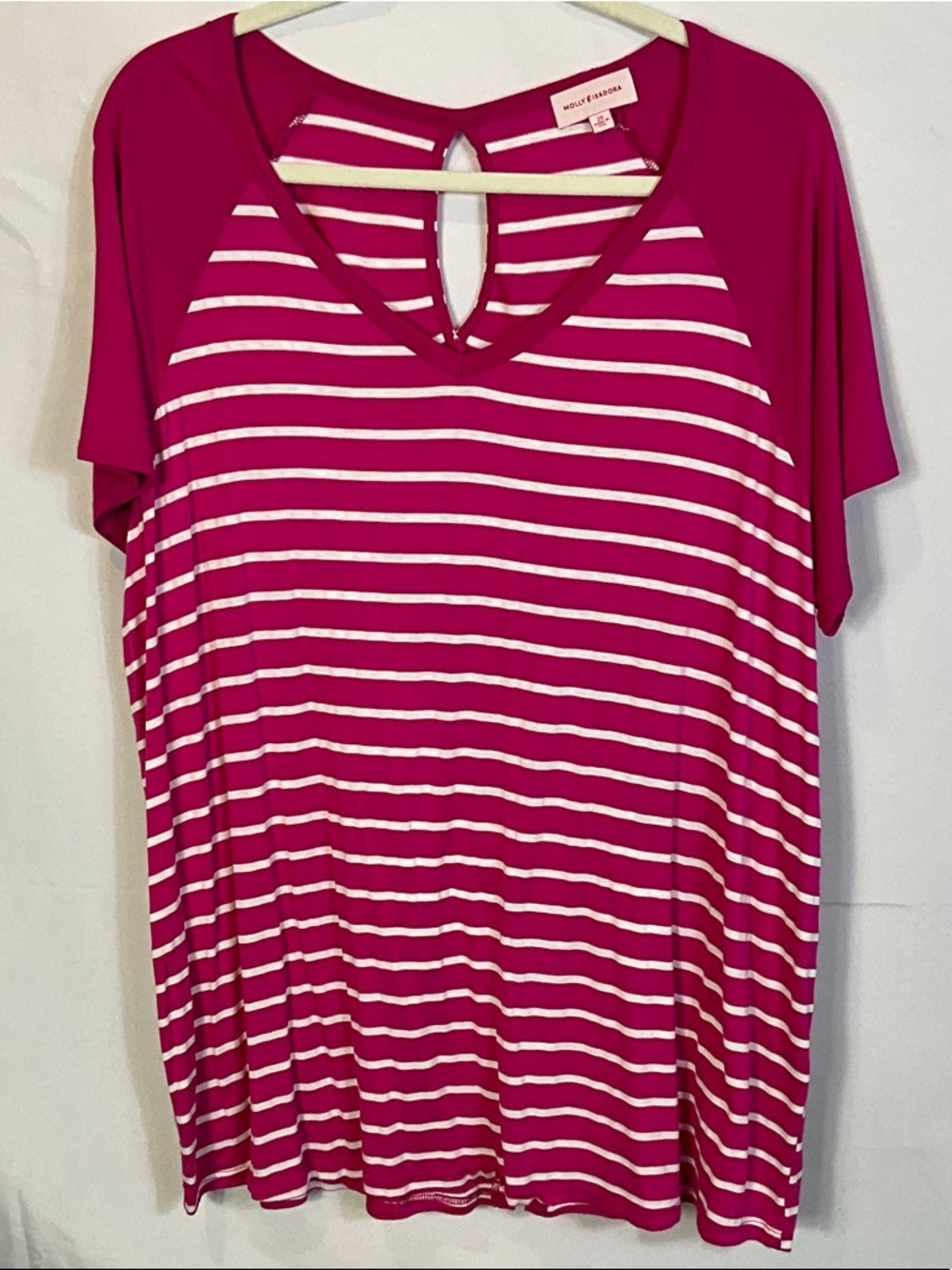 Molly&Isadora Pink and White Striped Keyhole Back Short-Sleeve Top Size 2X